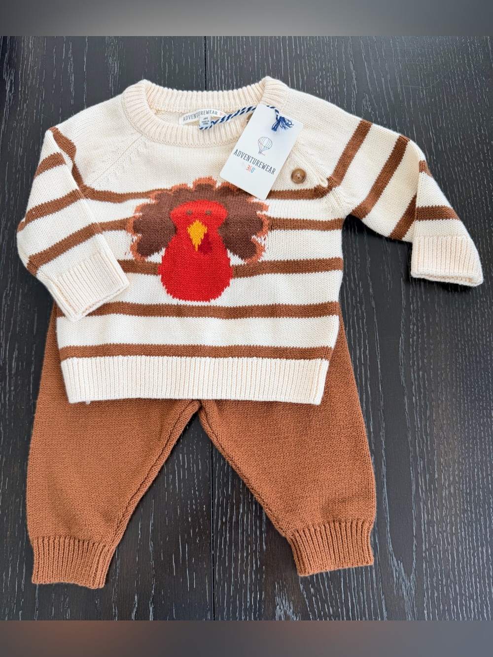 Adventurewear Cream & Brown Striped Turkey Knit Kids Matching Set 3M
